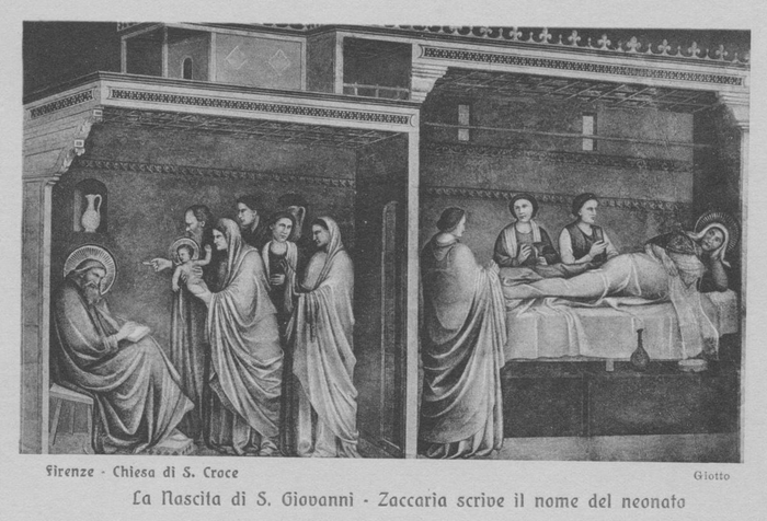 La nascita di S. Giovanni - Zaccaria scrive il nome del neonato (Giotto) (Firenze - Chiesa di S. Croce)