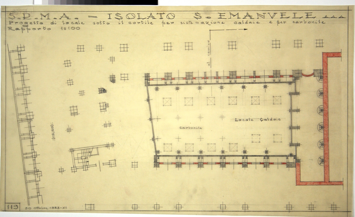 RICOSTRUZIONE DELL'ISOLATO DI S. EMANUELE - PROGETTO A , progetto di locale sotto il cortile per sistemazione caldaia e carbonite