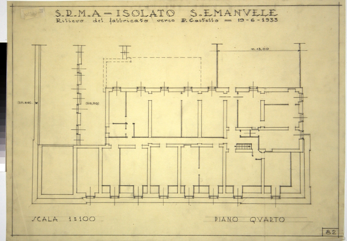 RICOSTRUZIONE DELL'ISOLATO DI S. EMANUELE - PROGETTO A , rilievo del fabbricato verso Piazza Castello, piano quarto