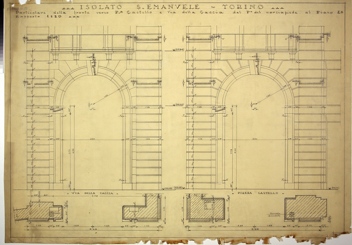 RICOSTRUZIONE DELL'ISOLATO DI S. EMANUELE - PROGETTO A , particolare del fronte verso Piazza Castello e Via della Caccia, dal piano del marciapiede al primo piano