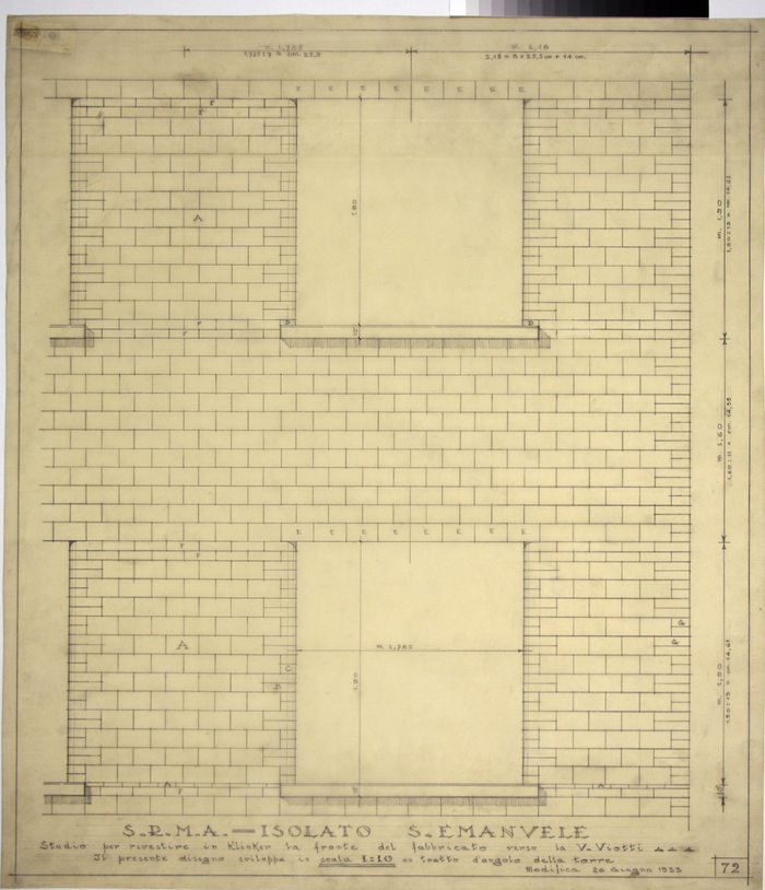 RICOSTRUZIONE DELL'ISOLATO DI S. EMANUELE - PROGETTO A , studio per rivestimento in klinker del fronte del fabbricato verso Via Viotti, torre