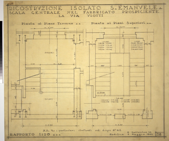 RICOSTRUZIONE DELL'ISOLATO DI S. EMANUELE - PROGETTO A , scala centrale nel fabbricato prospicente Via Viotti, al piano terra e superiori