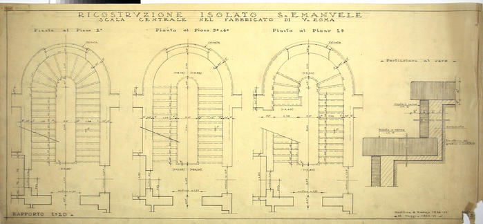 RICOSTRUZIONE DELL'ISOLATO DI S. EMANUELE - PROGETTO A , scala centrale del fabbricato di Via Roma, al piano secondo, terzo, quarto, primo