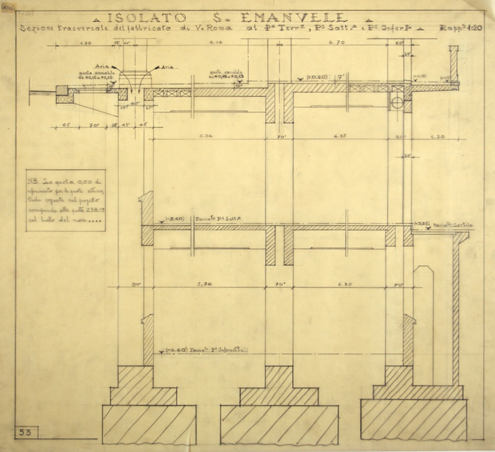 RICOSTRUZIONE DELL'ISOLATO DI S. EMANUELE - PROGETTO A , sezione trasversale del fabbricato di Via Roma ai pieni terra, seminterrato ed infernotti