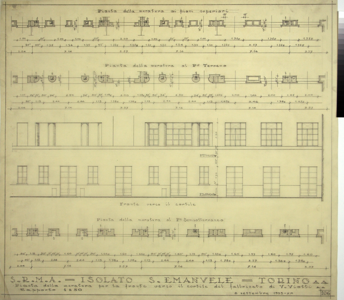 RICOSTRUZIONE DELL'ISOLATO DI S. EMANUELE - PROGETTO A , pianta della muratura ai piani superiori, al piano terra, fronte verso il cortile