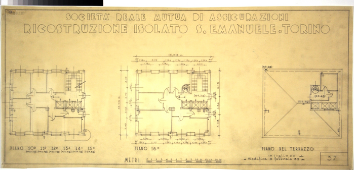 RICOSTRUZIONE DELL'ISOLATO DI S. EMANUELE - PROGETTO A , pianta dei piani decimo, undicesimo, dodicesimo, tredicesimo, quatordicesimo, quindicesimo, sedicesimo, terrazzo