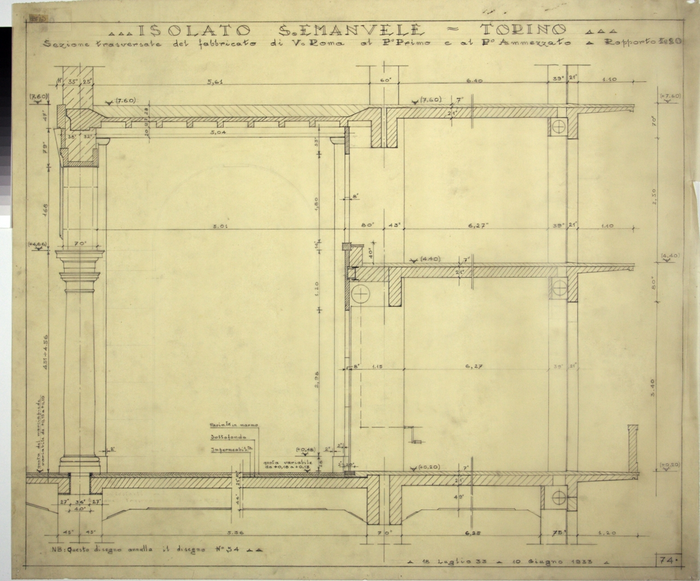 RICOSTRUZIONE DELL'ISOLATO DI S. EMANUELE - PROGETTO A , sezione trasversale del fabbricato verso Via Roma al piano primo e ammezzato