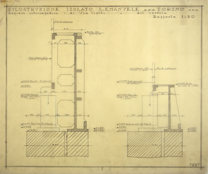 RICOSTRUZIONE DELL'ISOLATO DI S. EMANUELE - PROGETTO A , sezione intercapedine Via Viotti e cortile