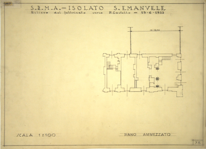 RICOSTRUZIONE DELL'ISOLATO DI S. EMANUELE - PROGETTO A , rilievo del fabbricato verso Piazza Castello, piano ammezzato