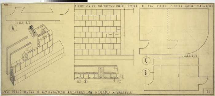 RICOSTRUZIONE DELL'ISOLATO DI S. EMANUELE - PROGETTO A , studio per rivestimento in klinker, fronti di Via Viotti e Via Caccia