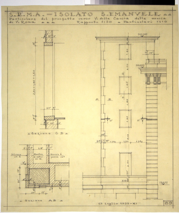 RICOSTRUZIONE DELL'ISOLATO DI S. EMANUELE - PROGETTO A , particolare del prospetto verso Via Caccia della manica di Via Roma