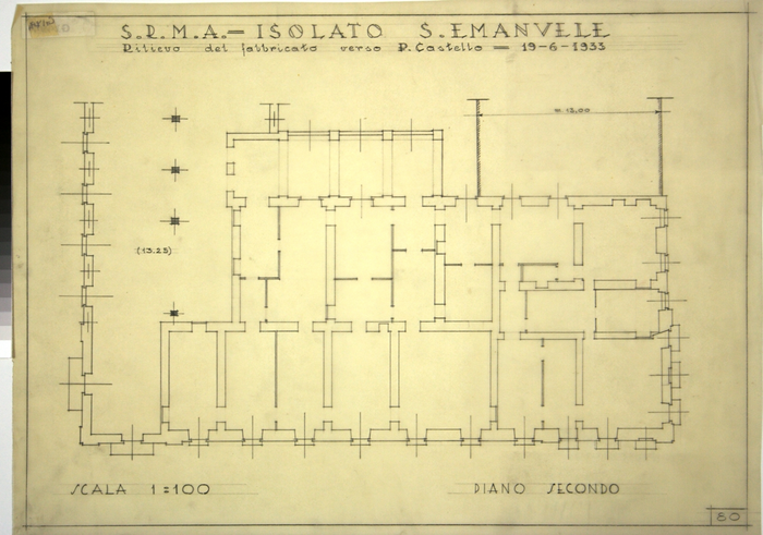 RICOSTRUZIONE DELL'ISOLATO DI S. EMANUELE - PROGETTO A , rilievo del fabbricato verso Piazza Castello, piano secondo