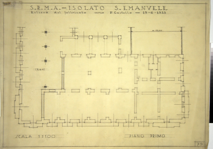 RICOSTRUZIONE DELL'ISOLATO DI S. EMANUELE - PROGETTO A , rilievo del fabbricato verso Piazza Castello, piano primo