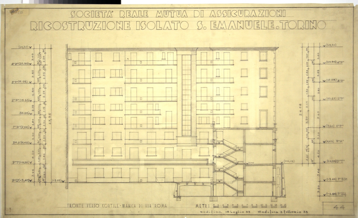 RICOSTRUZIONE DELL'ISOLATO DI S. EMANUELE - PROGETTO A , fronte verso cortile, manica di Via Roma