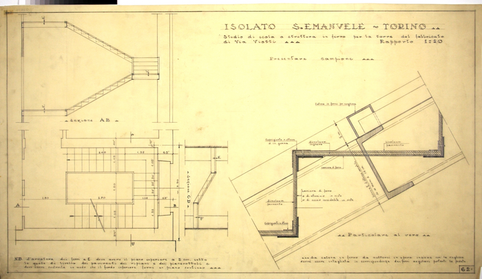 RICOSTRUZIONE DELL'ISOLATO DI S. EMANUELE - PROGETTO A , studio di scala a struttura in ferro per la torre del fabbricato di Via Viotti