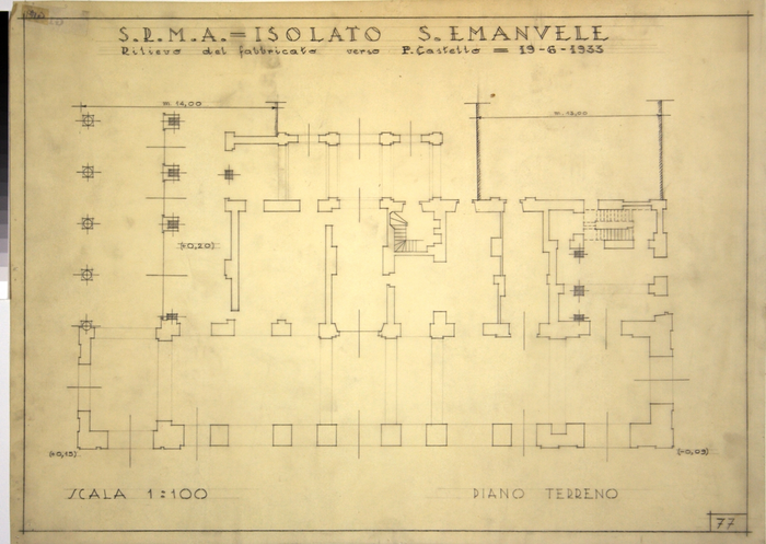 RICOSTRUZIONE DELL'ISOLATO DI S. EMANUELE - PROGETTO A , rilievo del fabbricato verso Piazza Castello, piano terra