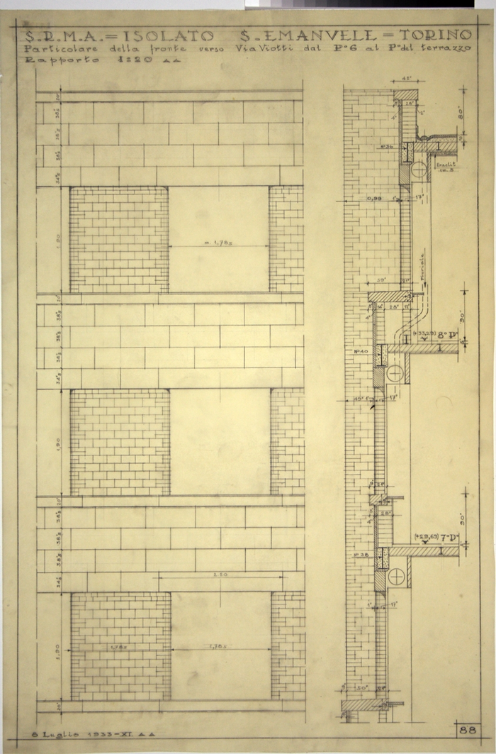 RICOSTRUZIONE DELL'ISOLATO DI S. EMANUELE - PROGETTO A , particolare del fronte verso Via Viotti, dal piano sesto al terrazzo