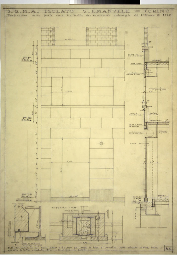 RICOSTRUZIONE DELL'ISOLATO DI S. EMANUELE - PROGETTO A , particolare del fronte verso Via Viotti, dal marciapiede al davanzale del primo piano