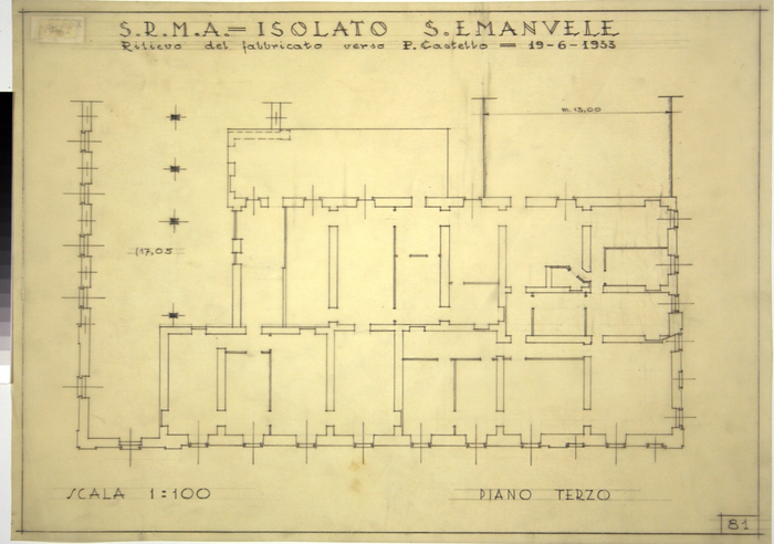 RICOSTRUZIONE DELL'ISOLATO DI S. EMANUELE - PROGETTO A , rilievo del fabbricato verso Piazza Castello, piano terzo