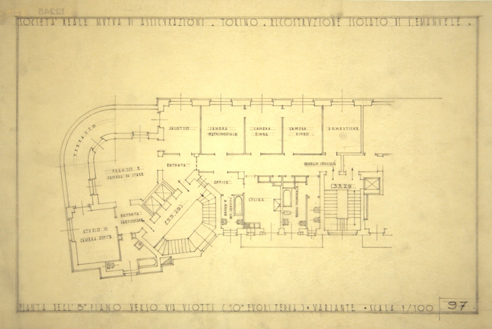 RICOSTRUZIONE DELL'ISOLATO DI S. EMANUELE - PROGETTO A , pianta dell'ottavo piano su Via Viotti (decimo fuori terra)