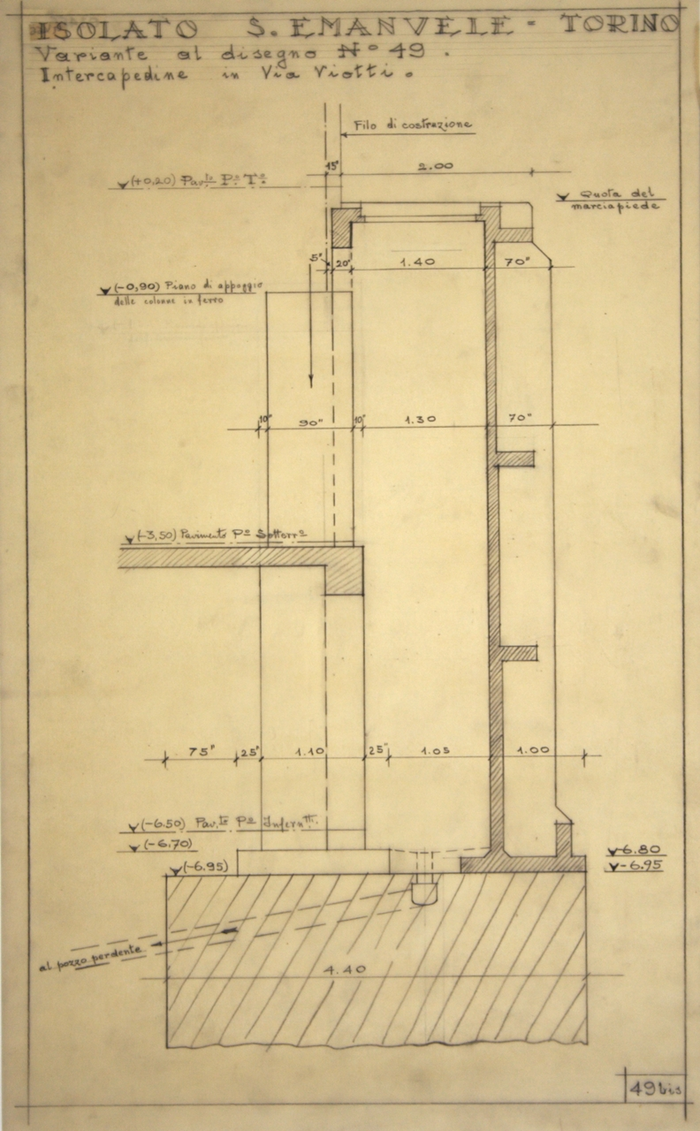 RICOSTRUZIONE DELL'ISOLATO DI S. EMANUELE - PROGETTO A , variante al disegno 49, intercapedine Via Viotti