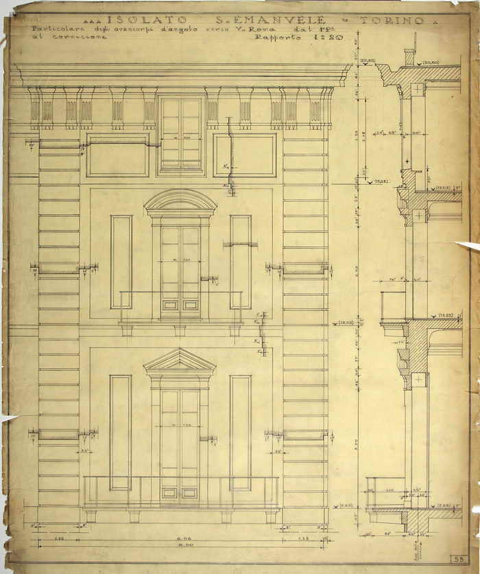 RICOSTRUZIONE DELL'ISOLATO DI S. EMANUELE - PROGETTO A , particolare degli avancorpi d'angolo verso Via Roma dal piano primo al cornicione