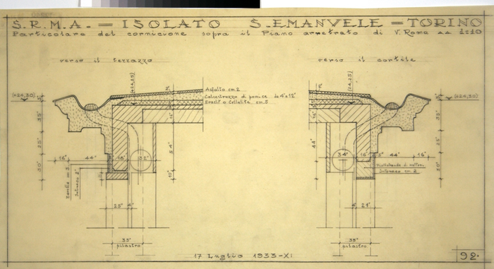 RICOSTRUZIONE DELL'ISOLATO DI S. EMANUELE - PROGETTO A , particolare del cornicione sul piano arretrato di Via Roma