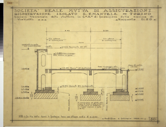 RICOSTRUZIONE DELL'ISOLATO DI S. EMANUELE - PROGETTO A , sezione trasversale delle strutture in ca di fondazione della manica di Via Viotti