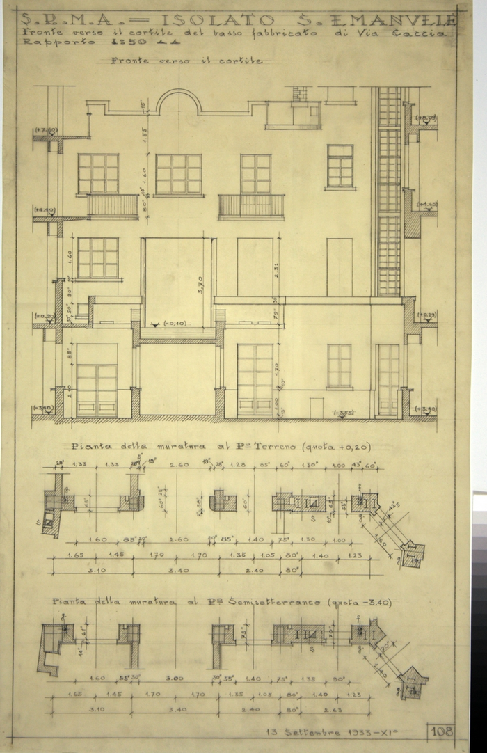 RICOSTRUZIONE DELL'ISOLATO DI S. EMANUELE - PROGETTO A , fronte sul cortile del basso fabbricato di Via Caccia