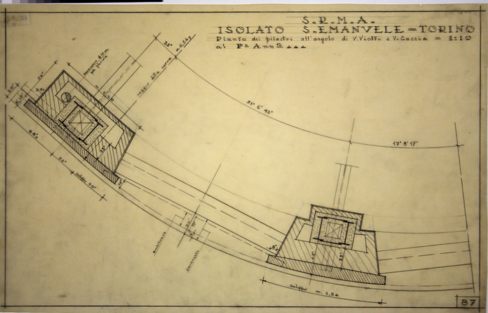 RICOSTRUZIONE DELL'ISOLATO DI S. EMANUELE - PROGETTO A , particolare dei pilastri all'angolo tra Via Viotti e Via Caccia, al piano ammezzato