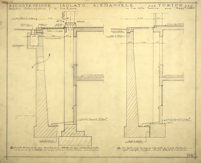 RICOSTRUZIONE DELL'ISOLATO DI S. EMANUELE - PROGETTO A , sezione intercapedine in Via Roma e in Via Caccia