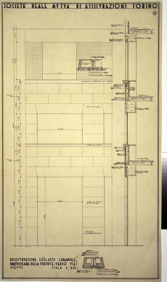 RICOSTRUZIONE DELL'ISOLATO DI S. EMANUELE - PROGETTO A , particolare del fronte verso Via Viotti, basamento