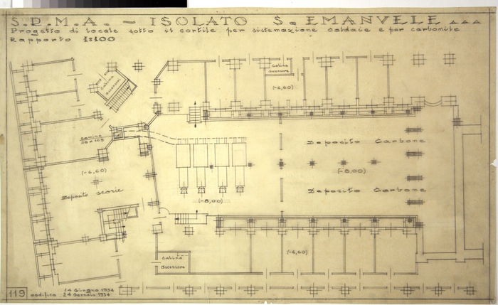 RICOSTRUZIONE DELL'ISOLATO DI S. EMANUELE - PROGETTO A , progetto di locale sotto il cortile per sistemazione caldaia e carbonite