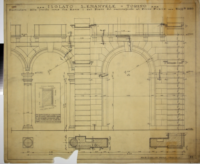 RICOSTRUZIONE DELL'ISOLATO DI S. EMANUELE - PROGETTO A , particolare del fronte verso Via Roma: dal piano del marciapiede al primo piano, portici