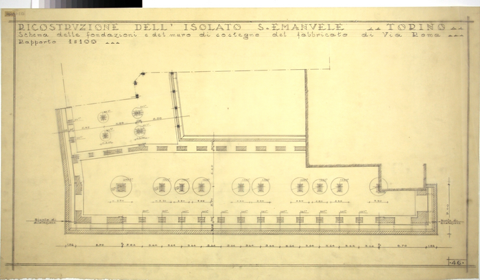 RICOSTRUZIONE DELL'ISOLATO DI S. EMANUELE - PROGETTO A , schema delle fondazioni e del muro di sostegno del fabbricato di Via Roma