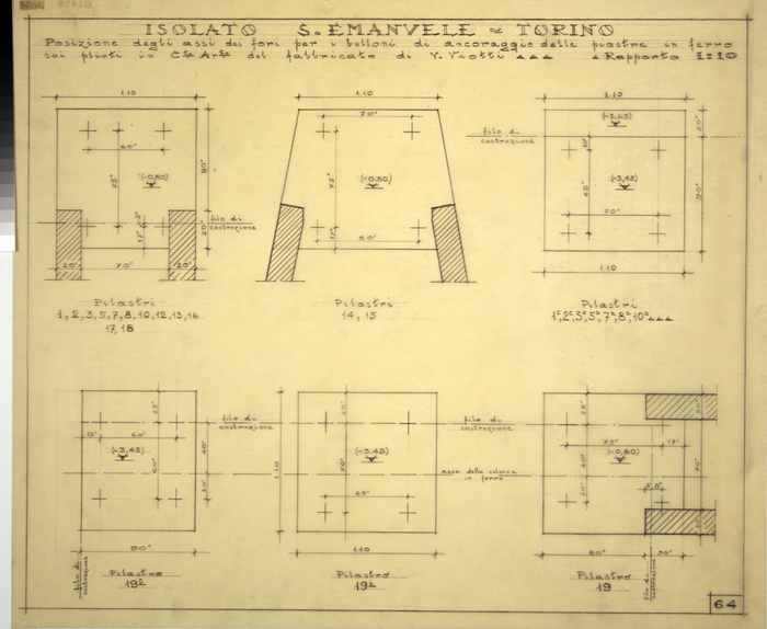 RICOSTRUZIONE DELL'ISOLATO DI S. EMANUELE - PROGETTO A , posizioni degli assi dei fori per i bulloni di ancoraggio delle piastre in ferro sui plinti in cadel fabbricato di Via Viotti