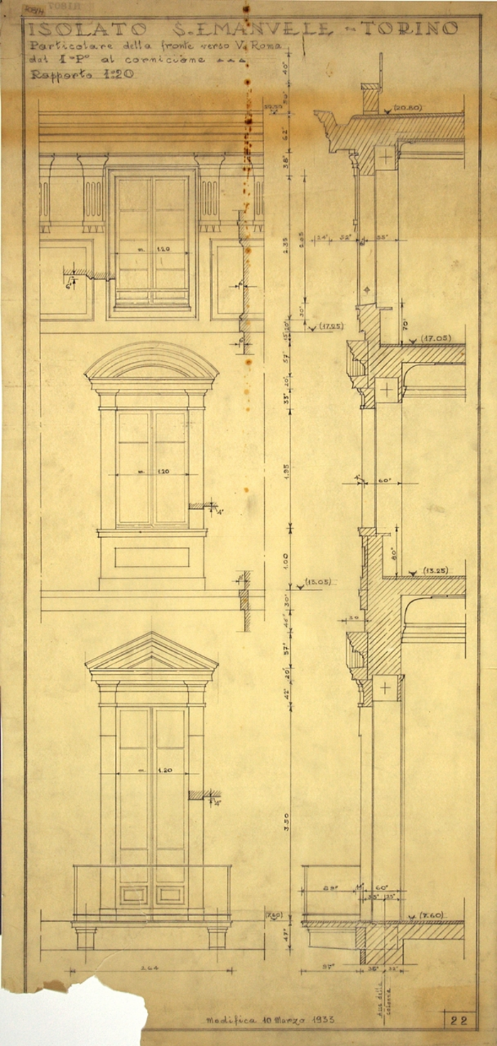 RICOSTRUZIONE DELL'ISOLATO DI S. EMANUELE - PROGETTO A , particolare del fronte verso Via Roma: dal primo piano al cornicione