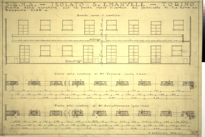 RICOSTRUZIONE DELL'ISOLATO DI S. EMANUELE - PROGETTO A , pianta della muratura al piano terra e  il fronte verso il cortile del fabbricato di Via Roma