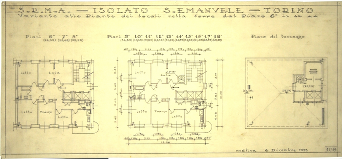 RICOSTRUZIONE DELL'ISOLATO DI S. EMANUELE - PROGETTO A , variante alla pianta dei locali nella torre dal piano sesto in su