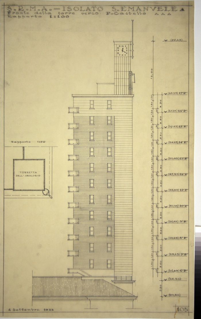 RICOSTRUZIONE DELL'ISOLATO DI S. EMANUELE - PROGETTO A , fronte della torre verso Piazza Castello