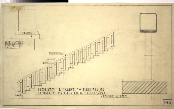 RICOSTRUZIONE DELL'ISOLATO DI S. EMANUELE - PROGETTO A , scala Via Caccia, ringhiera