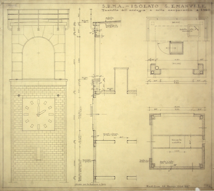 RICOSTRUZIONE DELL'ISOLATO DI S. EMANUELE - PROGETTO A , terrazza dell'orologio e cella campanaria