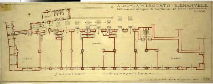 RICOSTRUZIONE DELL'ISOLATO DI S. EMANUELE - PROGETTO A , sistemazione dei negozi di Via Roma al piano seminetrrato