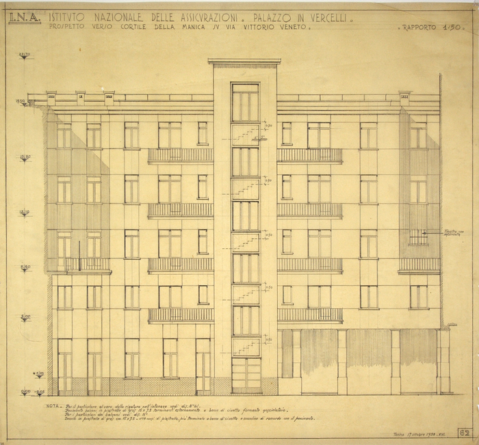 I.N.A. Istituto Nazionale delle Assicurazioni-Palazzo in Vercelli, Prospetto verso cortile della manica su Via Vittorio Veneto