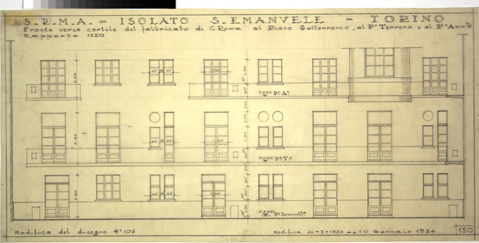 RICOSTRUZIONE DELL'ISOLATO DI S. EMANUELE - PROGETTO A , fronte sul cortile del fabbricato di Via Roma, piani sotterraneo, terra, ammezzato