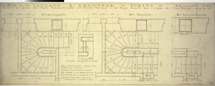 RICOSTRUZIONE DELL'ISOLATO DI S. EMANUELE - PROGETTO A , scala di Via Roma, piani semicantinato, terra, ammezzato