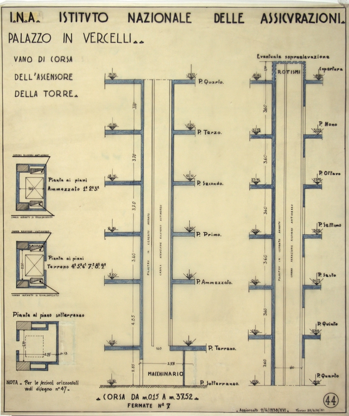 I.N.A. Istituto Nazionale delle Assicurazioni /Palazzo in Vercelli, Vano di corsa dell' Ascensore della Torre