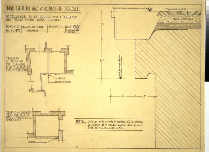I.N.A. Istituto Naz. Assicurazioni Vercelli/Progetto n. 138, Particolare delle gronde per i terrazzini del primo piano verso cortile