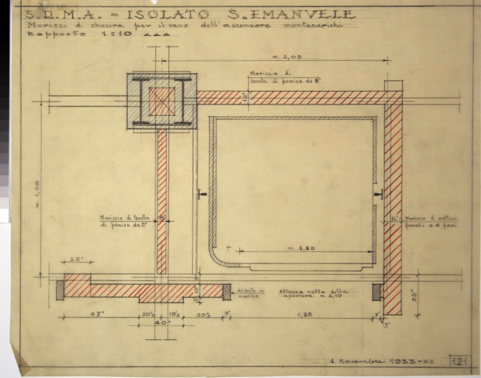 RICOSTRUZIONE DELL'ISOLATO DI S. EMANUELE - PROGETTO A , muricci di chiusura per il vano dell'ascensore montacarichi