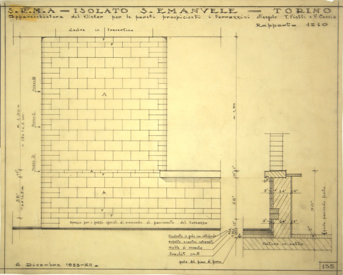RICOSTRUZIONE DELL'ISOLATO DI S. EMANUELE - PROGETTO A , apparecchiatura del klinker per le pareti prospicenti i terrazzi dell'angolo tra Via Viotti e Via Caccia